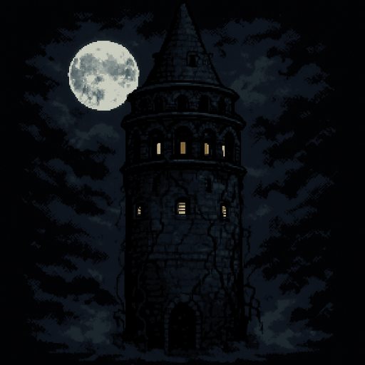 Create a pixel-art environment asset of the Galata Tower at night, in a dark and eerie style suitable for a 2D horror survival game. The tower should be tall and imposing with its recognizable cylindrical stone structure and conical roof. Add cracks, overgrown vines, and dim glowing windows to give it a haunted, ancient look. A full moon and cloudy night sky in the background. Mist or fog at the base. The overall atmosphere should feel ominous and mysterious. PNG format with transparent background..
In-Game asset.  2d.  High contrast.  No shadows