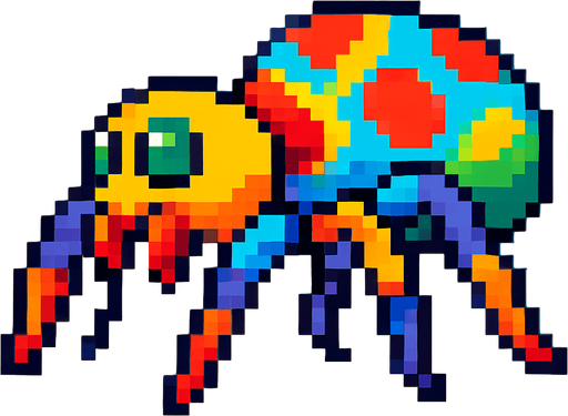 pixel art colorful spider sideview.
In-Game asset.  2d.  High contrast.  No shadows