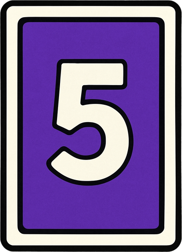 Rectangular card numbered 5, with a white border around it and a purple background..
In-Game asset.  2d.  High contrast.  No shadows