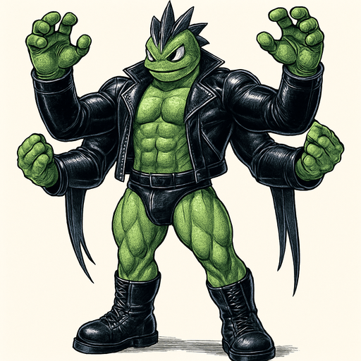 man Cyberpunk manga, four armed monster hunk, shiny black leather biker jacket longsleeves shirtless muscles, jockstrap combat boots, Background removed, "Full-body character, entirely in frame, no cropping of face, head, or feet" "Complete character visible, from head to toe, fully centered in the image" "Entire character, including face and boots, fully within the frame" Character fully contained within a square frame, no edges cut off idle pose