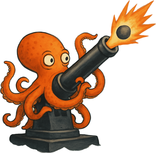 un pulpo naranja frenetico disparandole a buques de guerras encima de un cañon negro.
que se vea el fondo del cielo y el mar pero que no este enojado sino calmado