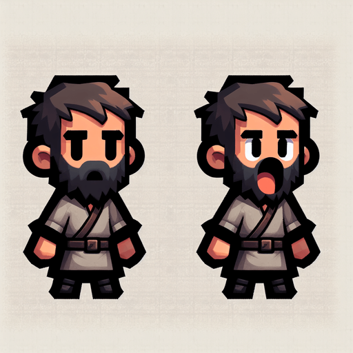 маленький бородатый парень и он же с открытым ртом.
Single Game Texture. In-Game asset. 2d. Blank background. High contrast. No shadows.