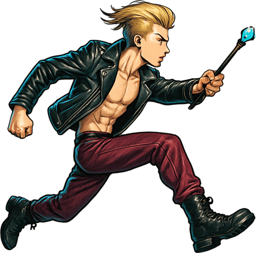Swishy graceful man Cyberpunk manga, wand pointed straight ahead, arm extended, jump attack, side profile view attack animation, shiny black leather biker jacket longsleeves shirtless Skinny abs blonde pompadour guy, action shot wine red joggers combat boots, Background removed, "Full-body character, entirely in frame, no cropping of face, head, or feet" "Complete character visible, from head to toe, fully centered in the image" "Entire character, including face and boots, fully within the frame" Character fully contained within a square frame, no edges cut off fashion model running pose