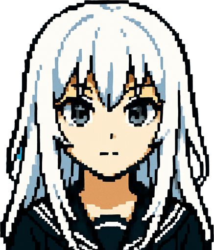 Beautiful anime style girl, with white hair and gray eyes.
In-Game asset.  2d.  High contrast.  No shadows. Pixel art