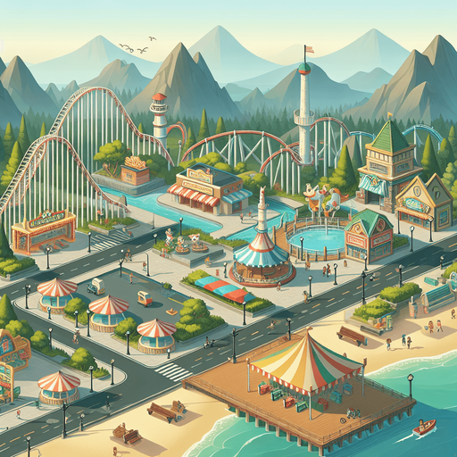 theme park.
Single Game Texture.  In-Game asset.  2d.  Blank background.  High contrast.  No shadows. 2d
