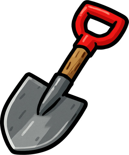 pequeña pala de acero, con mango de madera y un agarre de color rojo.
In-Game asset.  2d.  High contrast.  No shadows