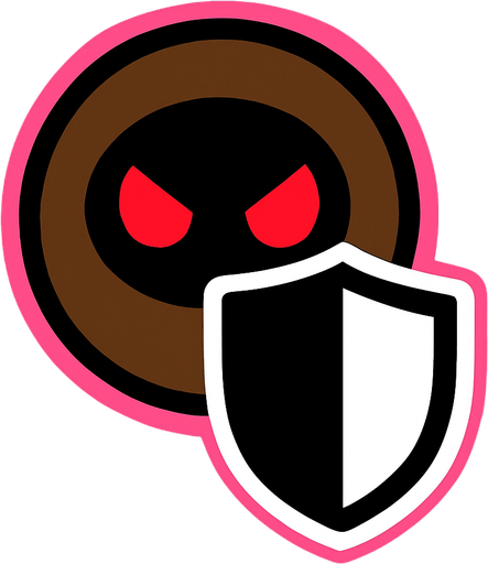 Brown simple circular enemy seen from above, pink outline. red eyes, with a single shield in-font of it. Black and white only. Blue background..
In-Game asset.  2d.  High contrast.  No shadows