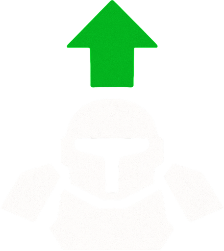 Symbol for a spaceship armor upgrade using an green arrow pointing up and white coloring.
In-Game asset.  2d.  High contrast.  No shadows