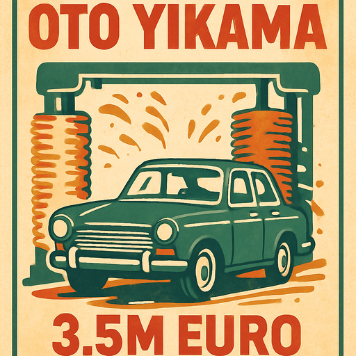 Oto yıkama ile alakalı bir görsel oluştur . Bu görselin altında 3.5M Euro yazsın. Retro temada bir görsel olsun ..
In-Game asset.  2d.  High contrast.  No shadows