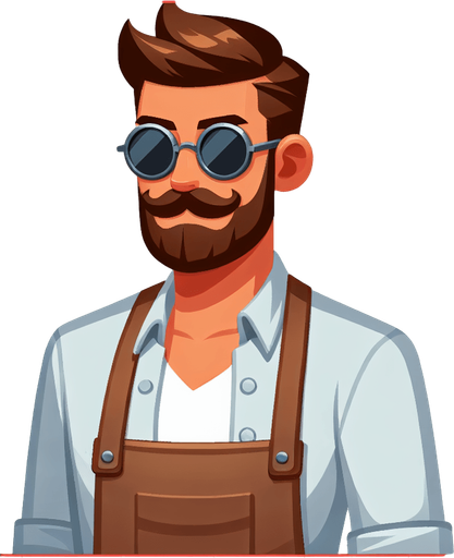 sakallı ve az bıyıklı  güneş gözlüklü 26 lı yaşlarda bir beyefendi ayak üstünde dursun üzerinde önlük olsun.
Single Game Texture.  In-Game asset.  2d.  Blank background.  High contrast.  No shadows