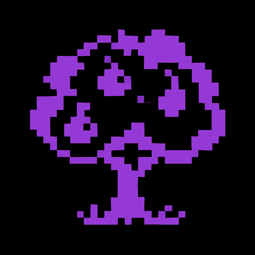 obscurity black purple 8 bits and a fruit tree.
In-Game asset.  2d.  High contrast.  No shadows