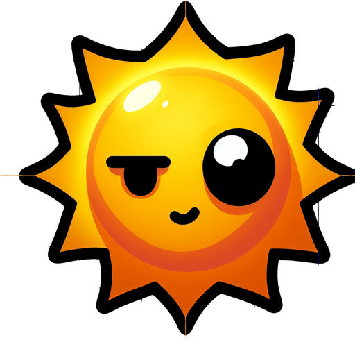 bright sun with wincing cartoon face and a black eye.
Single Game Texture.  In-Game asset.  2d.  Blank background.  High contrast.  No shadows