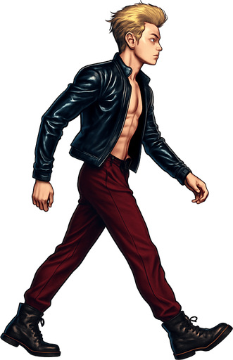 Same pose Swishy graceful man Cyberpunk manga, side profile view walking animation, shiny black leather biker jacket longsleeves shirtless Skinny abs blonde pompadour guy, wine red joggers combat boots, Background removed, "Full-body character, entirely in frame, no cropping of face, head, or feet" "Complete character visible, from head to toe, fully centered in the image" "Entire character, including face and boots, fully within the frame" Character fully contained within a square frame, no edges cut off fashion model idle pose walking animation