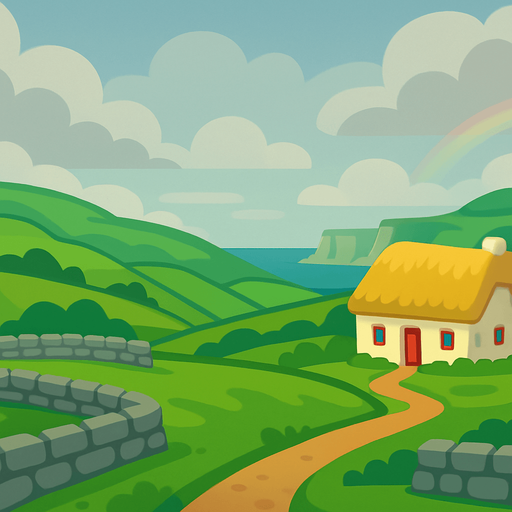 A 2D cartoon-style background inspired by the scenic countryside of Ireland. Include lush green rolling hills, stone fences, a small traditional Irish cottage with a thatched roof, and distant cliffs near the sea. Add a cloudy sky with a soft glow, and maybe a faint rainbow. Style it in vibrant, game-friendly vector or flat cartoon style. Perfect for a mobile music game featuring traditional Irish instruments. Export as a wide image (1920x1080) with no text or characters — just background..
In-Game asset.  2d.  High contrast.  No shadows