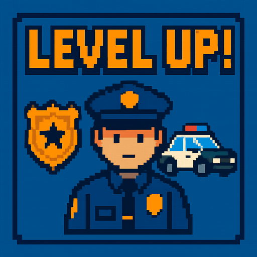 a police themed level up screen pixel art.
In-Game asset.  High contrast.  No shadows