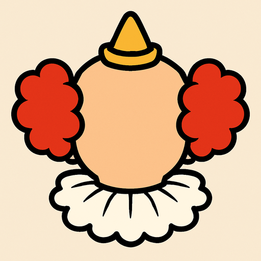 bir palyanço kafasının arka üsten görünümü çizgi film stili.
In-Game asset.  2d.  High contrast.  No shadows