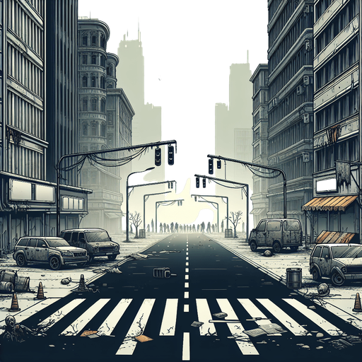 Open road in a city that is plagued by zombies.
Single Game Texture. In-Game asset. 2d. Blank background. High contrast. No shadows.