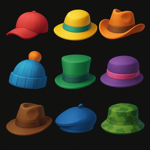 Pack of different hats.
In-Game asset.  High contrast.  No shadows. 3D
