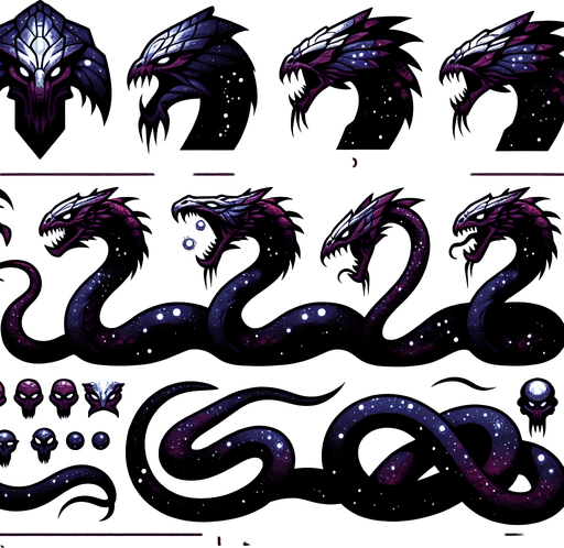 A sprite sheet of evil and dangerous looking outer space dragon serpents, head and body segments..
Single Game Texture. In-Game asset. 2d. Blank background. High contrast. No shadows.