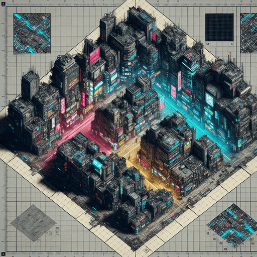 Cyberpunk city tile set. Top down view..
Single Game Texture.  2d.  Blank background.  High contrast.  No shadows