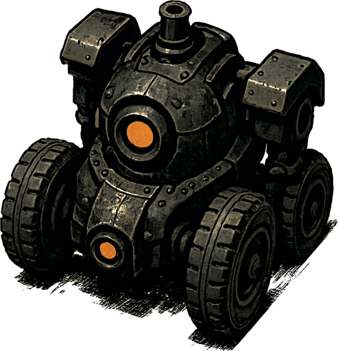 has un robot negro tipo auto steampunk con aspecto desgastado que se mueva con llantas y este en una vista desde arriba

In-Game asset.  2d.  High contrast.  No shadows