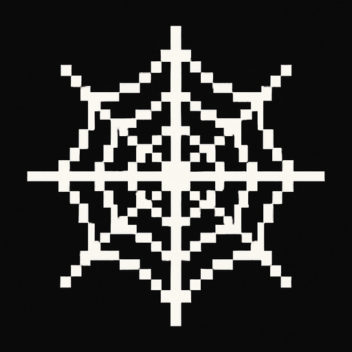 A white spider web. Pixelated retro..
In-Game asset.  2d.  High contrast.  No shadows