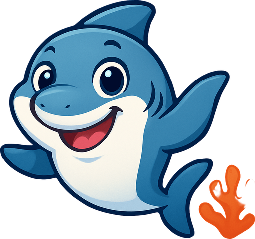 A cute cartoon-style shark character designed for a mobile game. Smooth and slightly chubby body, big round eyes with a friendly sparkle, a wide cheerful grin with small, non-scary teeth. Light gray or blue-gray color with a soft white belly. Playful pose, as if swimming happily or waving a fin. Simple colorful underwater background with bubbles, coral, or treasure chests. Joyful and friendly expression, perfect for kids. High-quality digital illustration, ideal for a children’s game..
In-Game asset.  2d.  High contrast.  No shadows. cartoon style