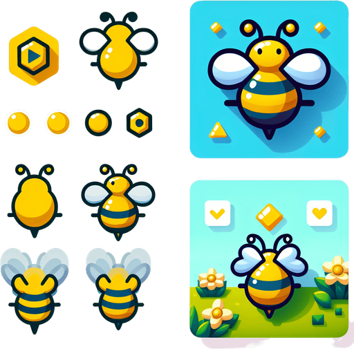 a yellow bee.
Single Game Texture. In-Game asset. 2d. Blank background. High contrast. No shadows.