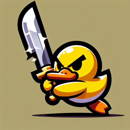 cartoon fantasy yellow duck warrior slash long sword movement.
Single Game Texture.  In-Game asset.  2d.  Blank background.  High contrast.  No shadows