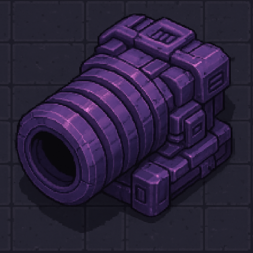 top down sci-fi fat barrel cannon with ridges, purple metal, pixel art