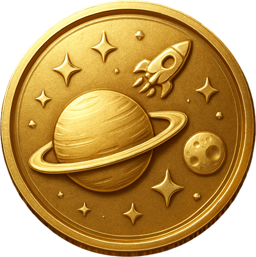Uzay temalı altın coin, gerçekçi, yazısız üstten görünüm. 
In-Game asset.  High contrast.  No shadows