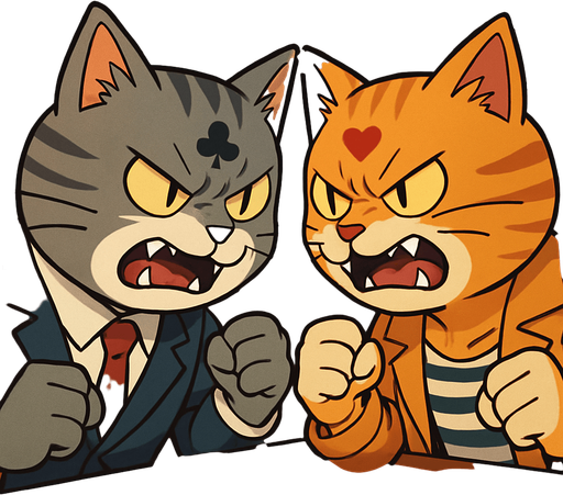 A 2:3 ratio rectangular picture that shows two card playing cats in a casino very close face to face with teeth bared and fists clenched as if they’re about to fight. Each cat has a different card suit pattern on the fur of their forehead. One is wearing a suit and the other is wearing tan leather jacket with a striped tank top underneath. Anime style..
In-Game asset.  2d.  High contrast.  No shadows
