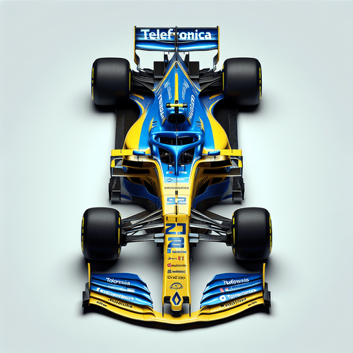 F1 Renaiult race car. Top View. Skyblue and yellow body with deepblue stripes. Deepblue rearwing. Sponsor: "Telefonica"text neonyellow. White"Team Spirit" on front wing. Deepblue"RENAiULT" text on body..
Single Game Texture. In-Game asset. 2d. Blank background. High contrast. No shadows.