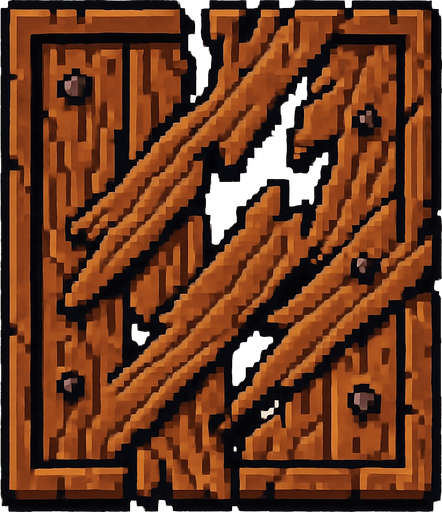 Vista cenital de una baldosa de puerta de madera destruida, aislada, vista desde arriba, estilo pixel art 2D para videojuego, textura continua y repetible, sprite de 32x32. Sin manija, sin marco, sin bisagras. Tablones de madera rotos, astillas y clavos decorativos dispersos. Vetas de madera estilizadas. Alto contraste, arte estilo hecho a mano. Sin sombras. Sin fondo..
In-Game asset.  2d.  High contrast.  No shadows