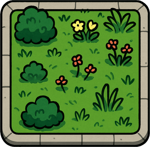 Street block, garden with concrete walkway on the border.
In-Game asset.  2d.  High contrast.  No shadows