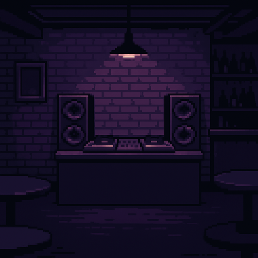 Pixel art background, 2048x2732 resolution, defeat screen for a rhythm game set in a moody bar. Dim lighting, purple and dark tones, empty DJ booth, quiet atmosphere, no characters or text..
In-Game asset.  2d.  High contrast.  No shadows