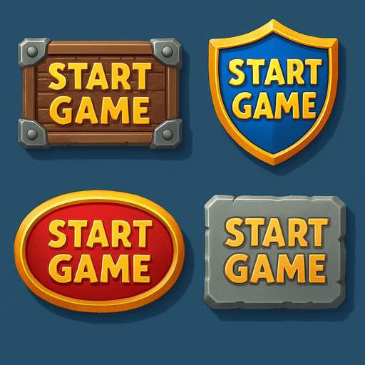 Medieval "start game" buttons. HD colors. 
In-Game asset.  High contrast.  No shadows. 3D