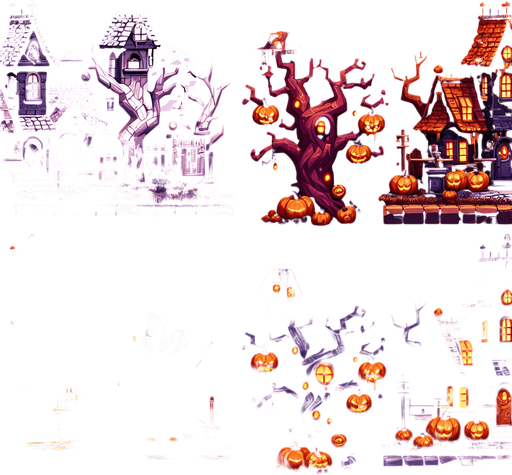 Town of Halloween.
Single Game Texture. In-Game asset. 2d. Blank background. High contrast. No shadows.