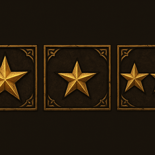 slice 3 the screen. First One golden star, second two golden stars, third three golden stars all in LOTR style.
In-Game asset.  2d.  High contrast.  No shadows