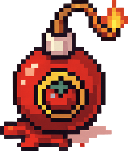 Pixel art of a red ketchup bottle turned into a bomb, with a fuse and tomato sauce leaking out. Small item, cartoonish and fun, pixel style.
In-Game asset.  2d.  High contrast.  No shadows
