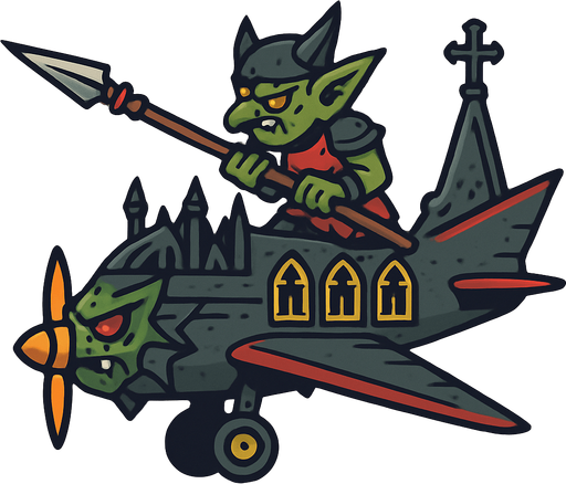 goblin spear ghotic fantasy warplane. side scroller.
In-Game asset.  2d.  High contrast.  No shadows