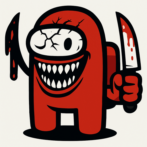 The red color in the game Among us creates the character in an extremely scary way, the glass of the astronaut suit is broken, his eyes are white, his mouth is so long that it touches his ears when he smiles, and he has a bloody knife in his hand..
In-Game asset.  2d.  High contrast.  No shadows