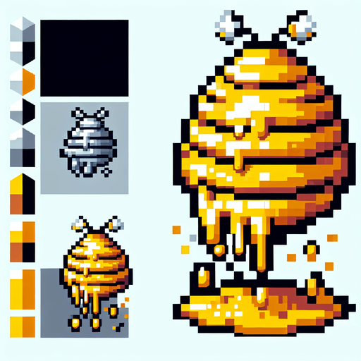 pixelart.a large yellow beehive hanging in the air, dripping from honey..
Single Game Texture. In-Game asset. 2d. Blank background. High contrast. No shadows.