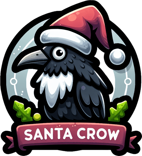 Icon for santa crow, on a circle, with the text „santa crow“ at top Single Game Texture. In-Game asset. 2d. Blank background. High contrast. No shadows.