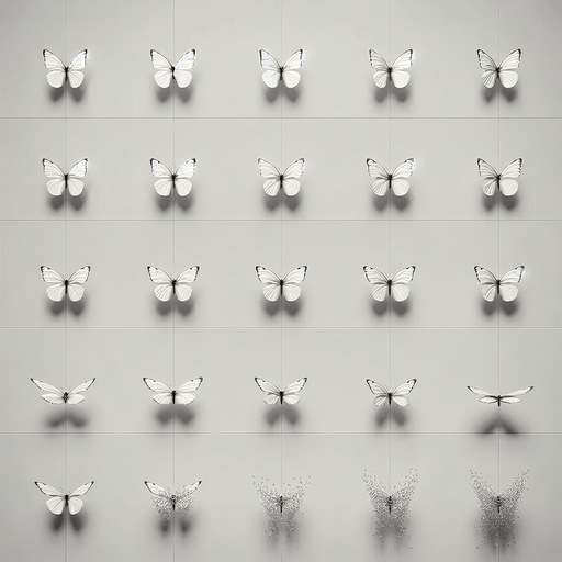 detailled frames of a White butterfly flight.
Zenith view. Grid of frames. Blank background.