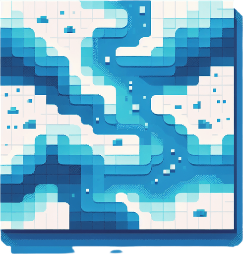 blue background representing a stylized flowing river seen directly from above. use various shades of light and dark pixels to represent the flowing currents of the river. keep the entire background minimalist and simplified. bird-eye perspective. pixelated. 8 bit.
Single Game Texture. In-Game asset. 2d. Blank background. High contrast. No shadows.