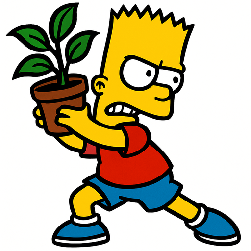 Bart holding a pot with a plant and is about to throw it.
In-Game asset.  2d.  High contrast.  No shadows