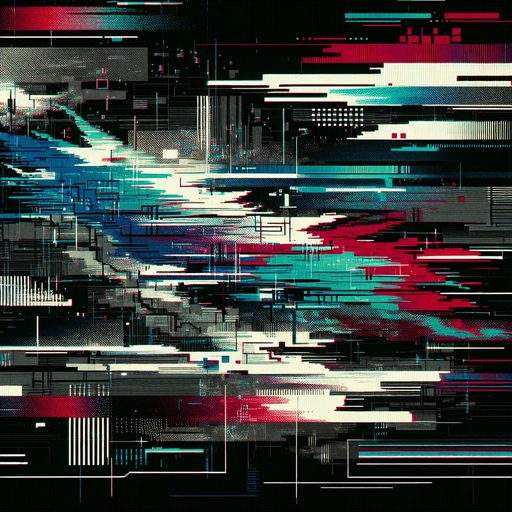 glitch effect designed to obscure parts of an image, styled with a corrupted, high-tech aesthetic. The effect features jagged digital distortions, horizontal and vertical lines, and fragmented static noise that mimic a malfunctioning screen. Irregular bands of color, like red, blue, and green, are interspersed with black and white static, creating a chaotic yet visually engaging pattern.

Some areas include fragmented text or pixelated blocks, further enhancing the glitchy, corrupted look. The overall effect has sharp, uneven edges, making it blend naturally into a disrupted image. Subtle hints of glowing lines or grid-like structures add a futuristic feel while keeping the distortion dense enough to effectively conceal parts of the underlying image. This glitch effect is ideal for creating a sense of mystery or simulating the appearance of a compromised digital screen.
Single Game Texture. In-Game asset. 2d. Blank background. High contrast. No shadows.