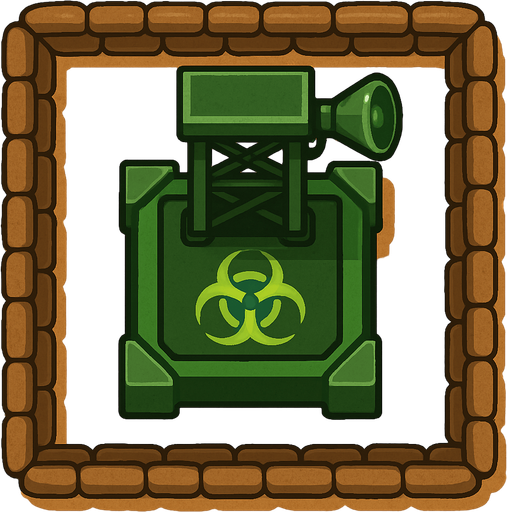 Top view of an Green defense Military tower large Toxic, in the desert, the image has a square border outlined by military defense Brown sandbags.
In-Game asset.  2d.  High contrast.  No shadows