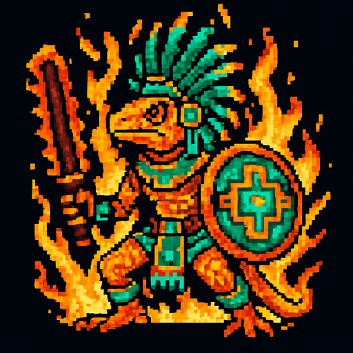 Generame un guerrero azteca con patrones, estilo pixelar, ademas sera una iguana humanoide, con efectos de fuego.
In-Game asset.  2d.  High contrast.  No shadows